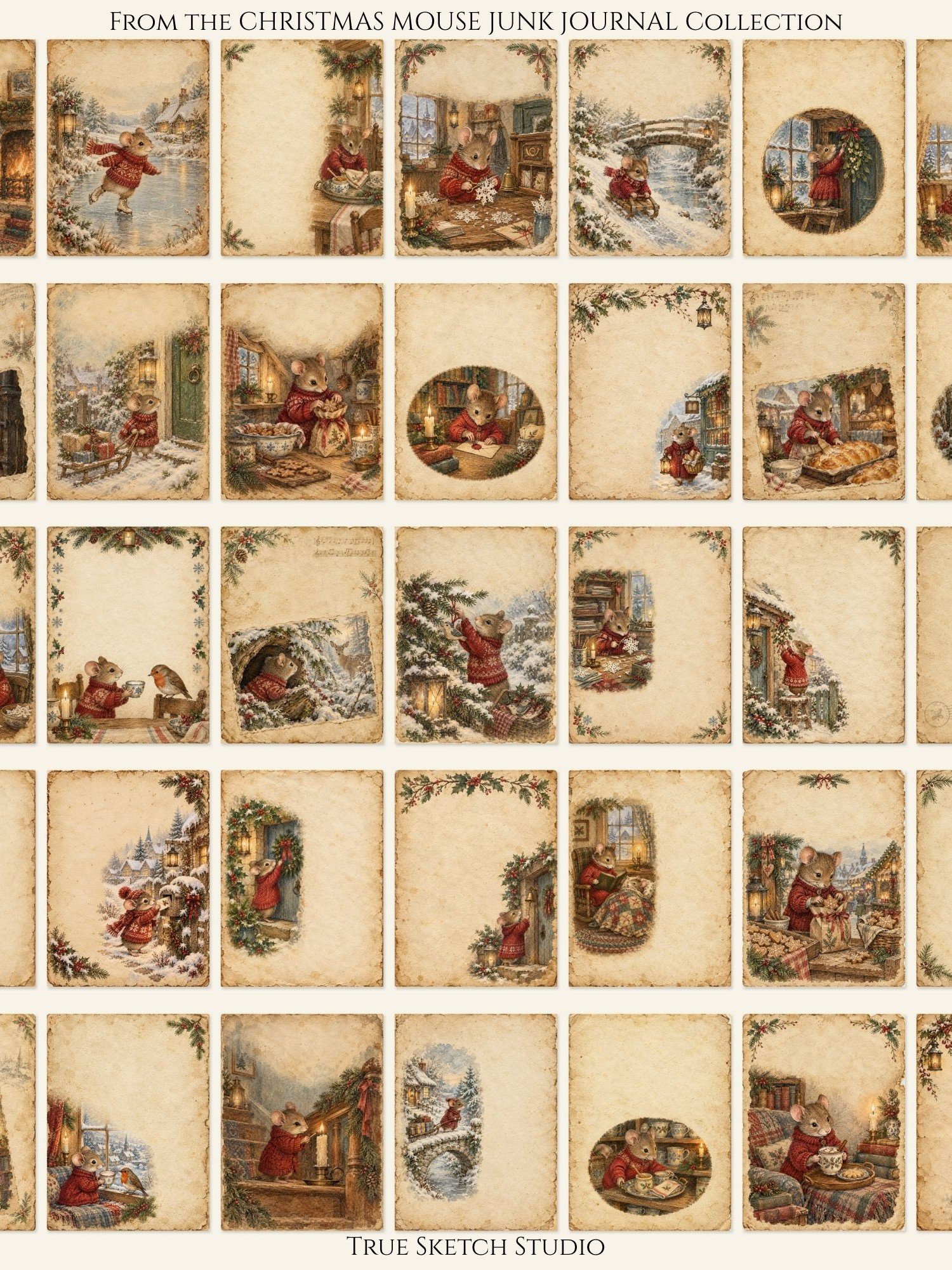 500 Christmas Mouse Junk Journal Pages, Vintage Storybook Ephemera, Winter Digital Paper, Printable Scrapbook Bundle, Cozy Holiday Craft Kit product image (2)