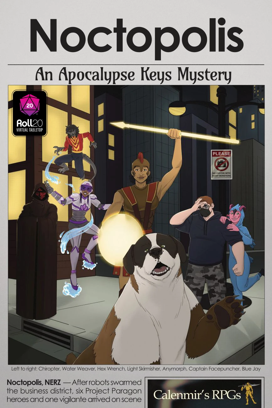 The Noctopolis cover (which is a newspaper-style layout featuring art of seven heroes) with the Roll20 Virtual Tabletop badge added.