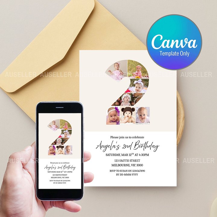 2nd Birthday Photo Collage Editable Invitation Template product image (1)