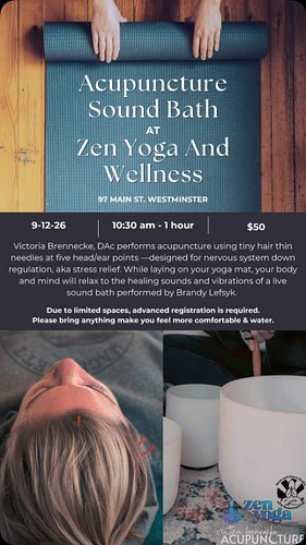 *updated time 10:30-11:30* 
Join us on September 12th for a combined acupuncture & sound bath session at Zen Yoga And Wellnes...
