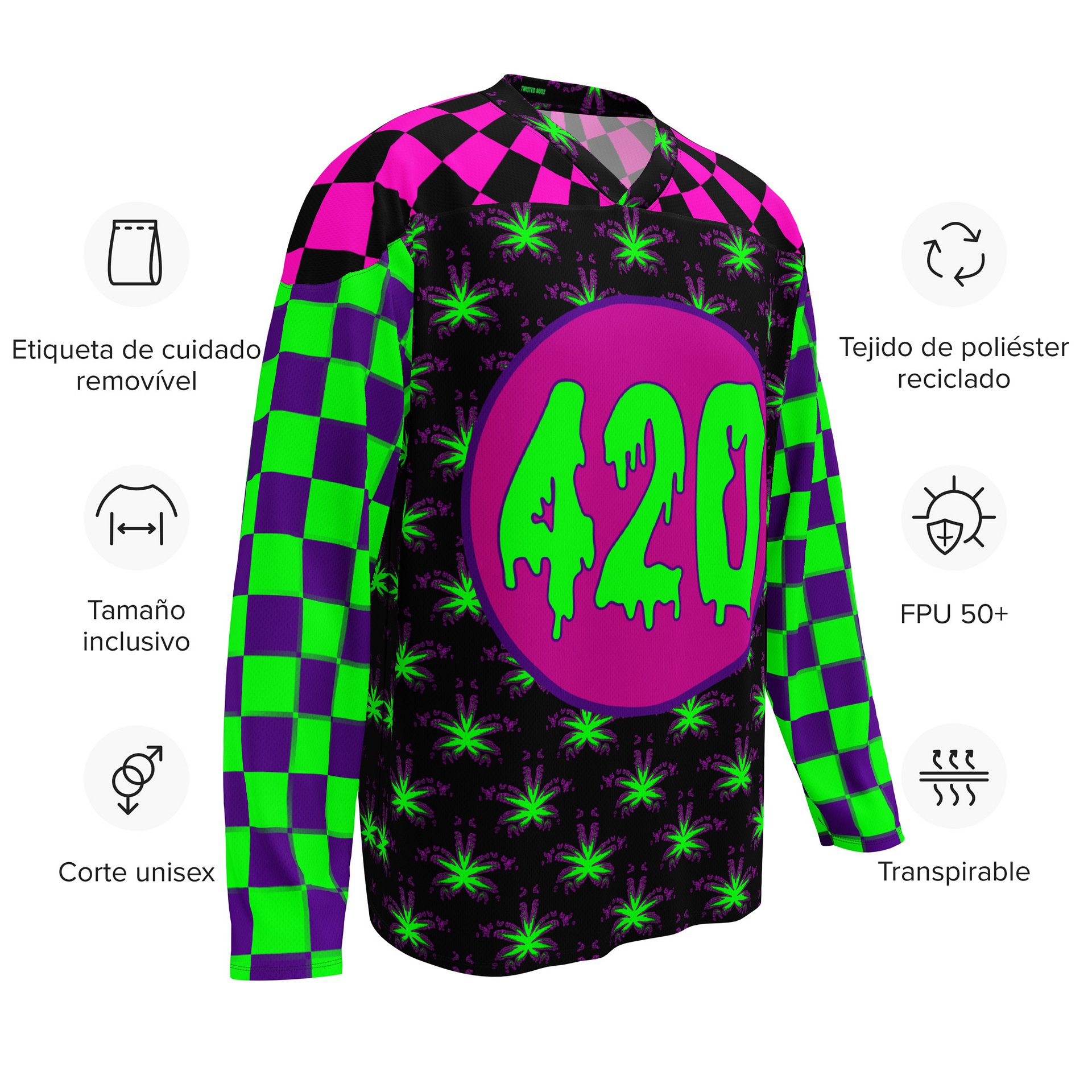 Cannabis 420 Hockey Jersey, Pot Leaf Stoner Clothes, Weird Weed EDM Rave Shirt, Neon 90s Checkers Retro Fashion, Alt Techno Dance Party Wear product image (11)