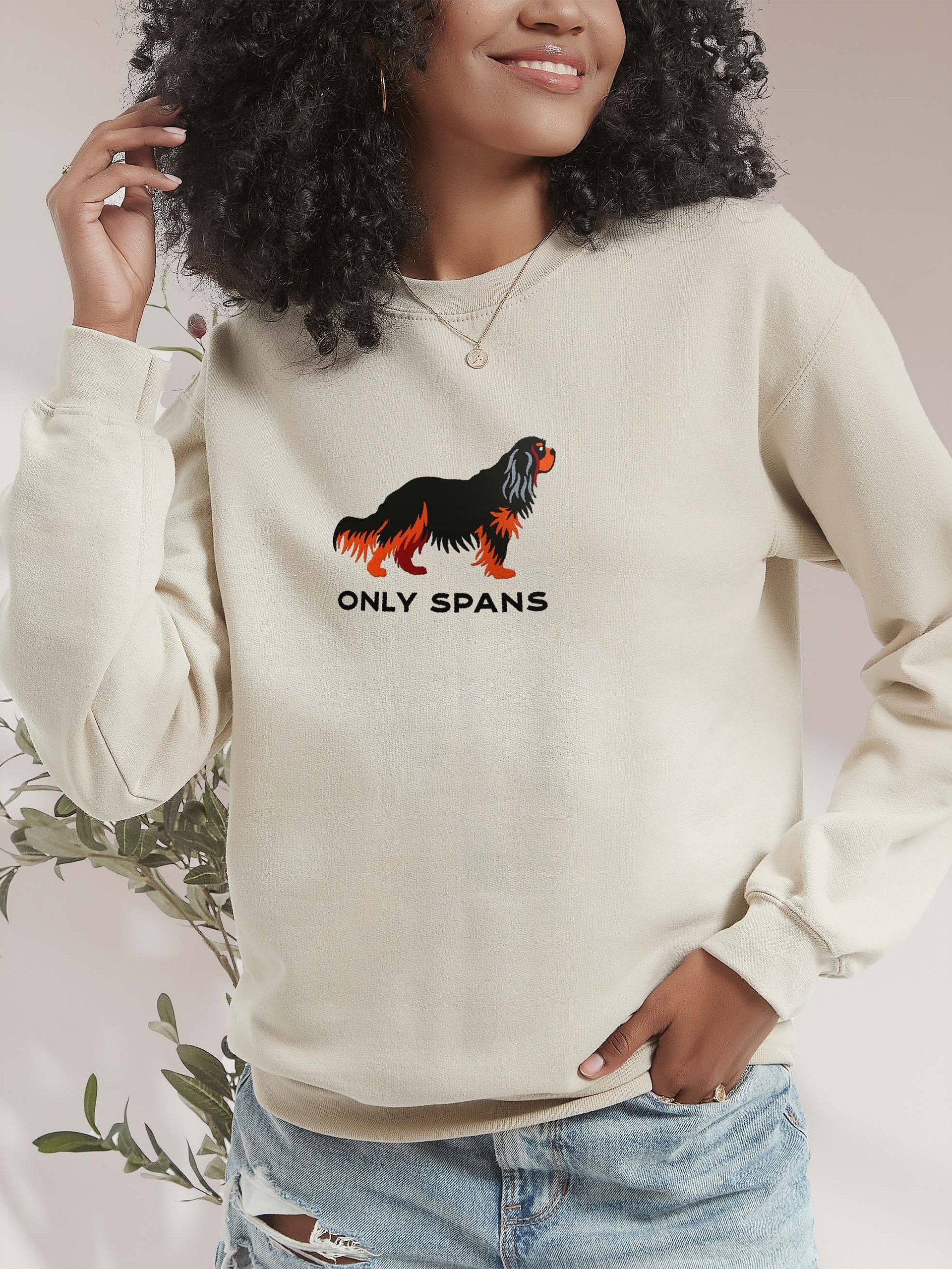 Only Spans Sweatshirt (Embroidered) of a Cavalier King Charles Spaniel(Black & Tan) product image (2)