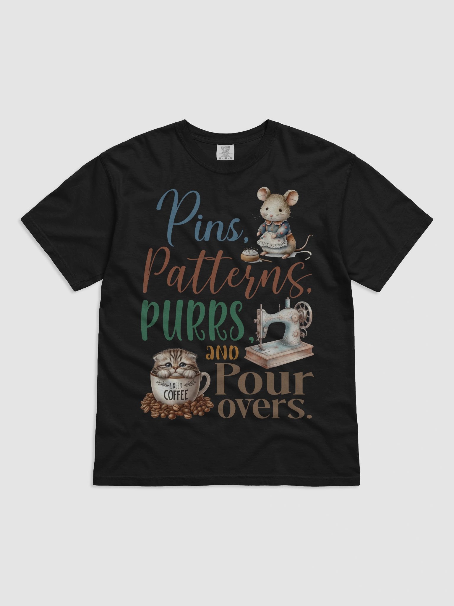 Whimsical Pins Patterns Purrs Coffee Sewing Cat T-Shirt product image (1)