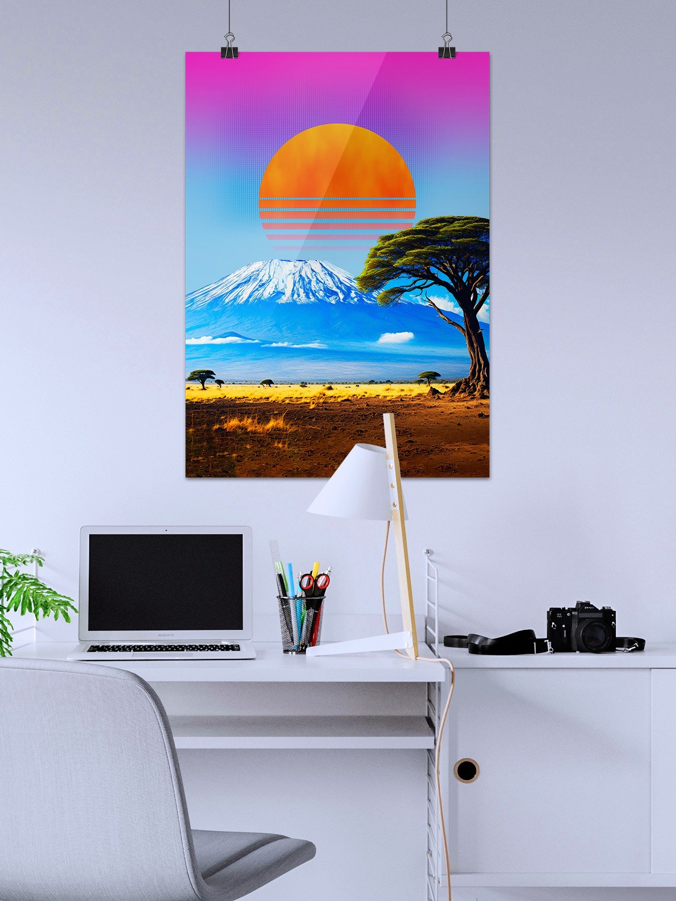 Synthwave sunset & mountain. Africa, Kilimanjaro — space vintage retro collage art, 50s cosmic futuristic sci-fi collage, surreal collage art product image (2)