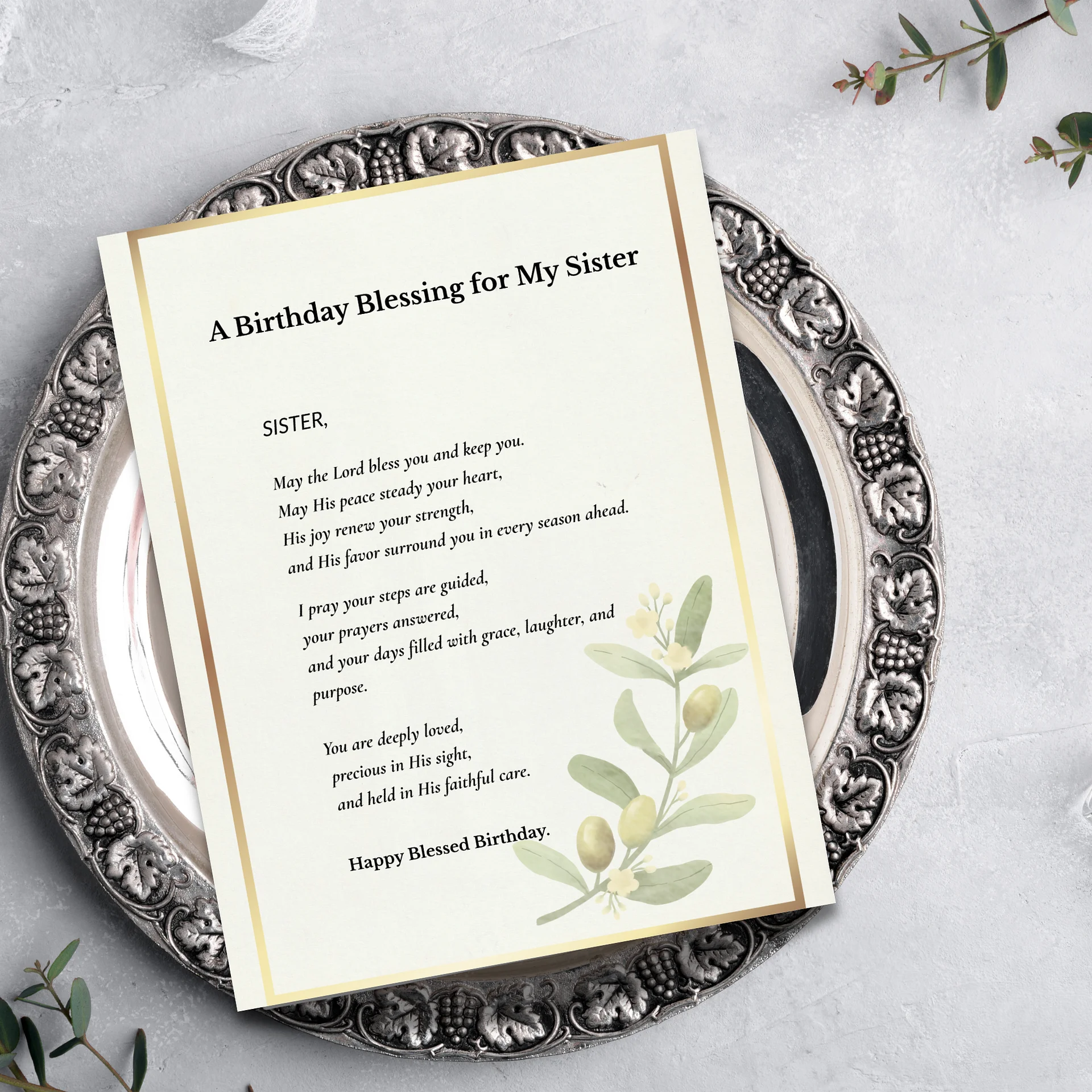 Christian Birthday Prayer Card for Sister • Botanical Blessing (PDF/JPG) product image (1)