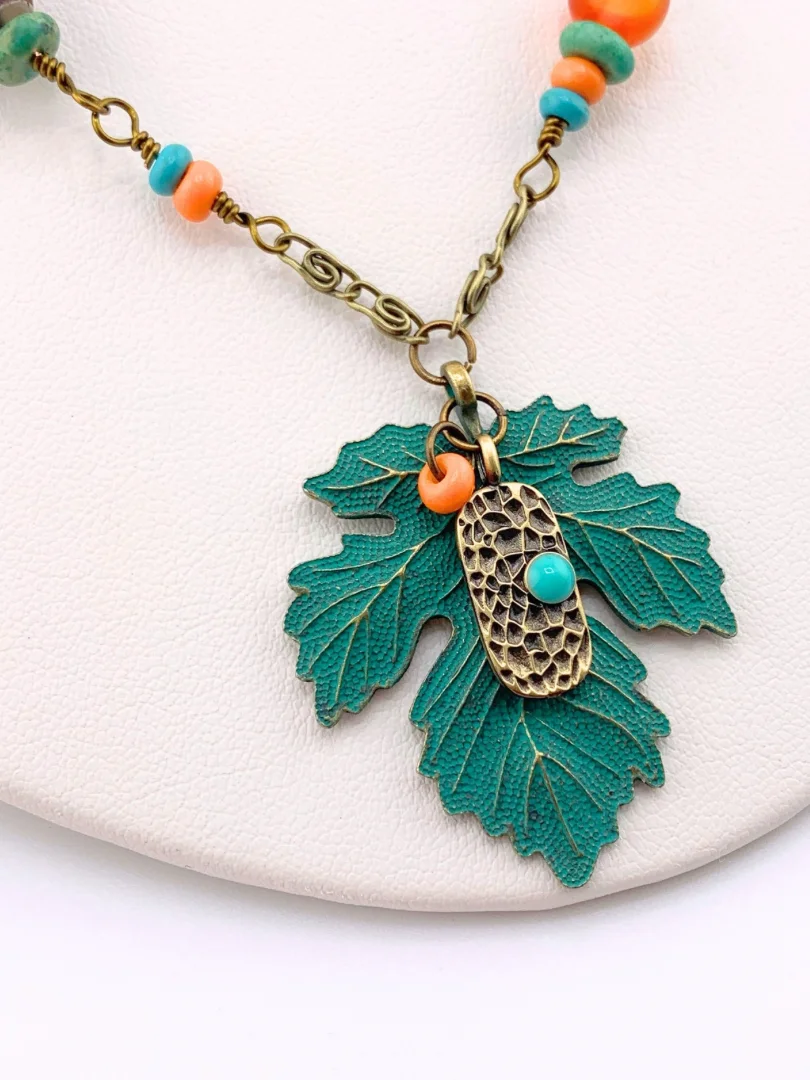 Antique Brass Patina Leaf Pendant Necklace - Orange/Green product image (3)