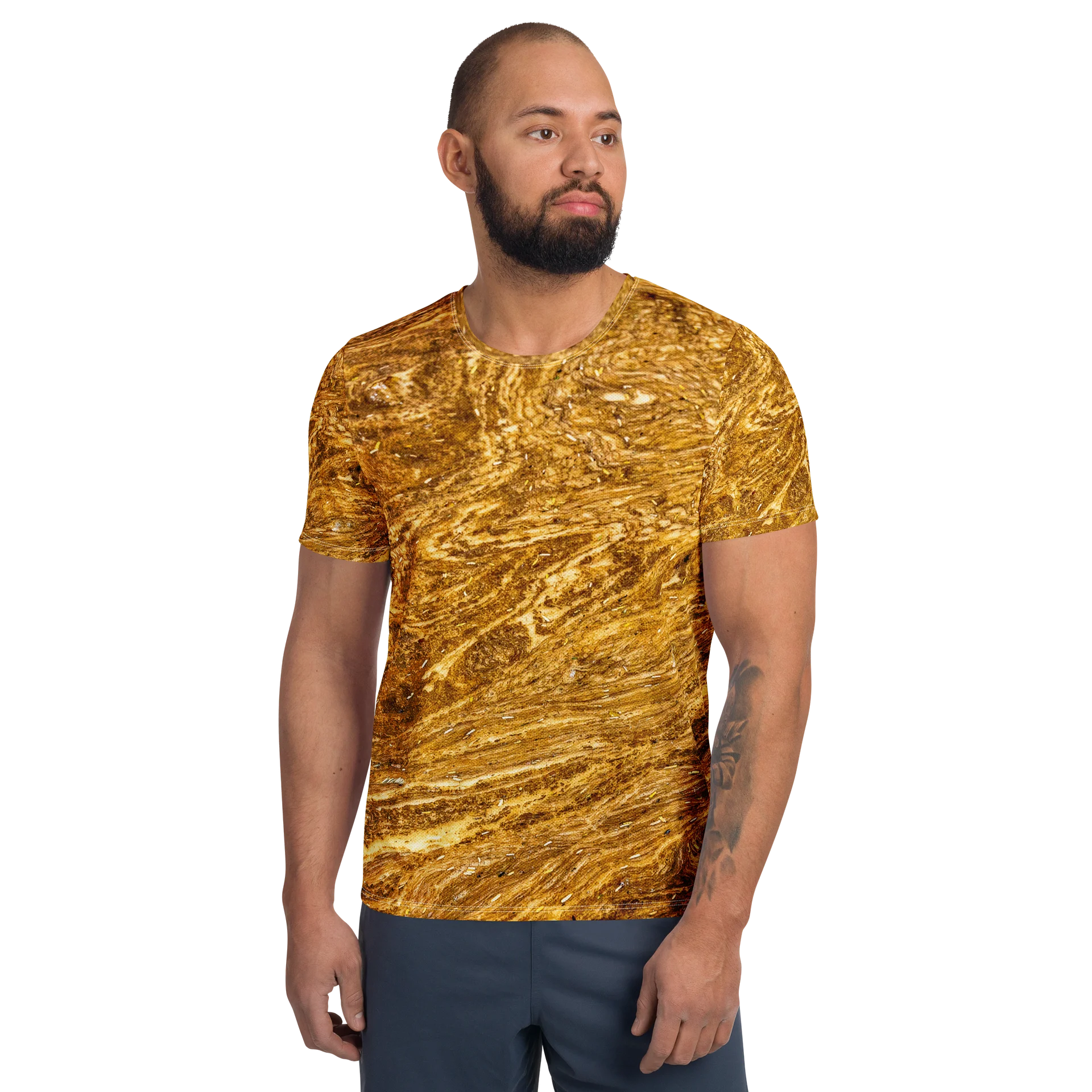 Golden Strata: Golden Amber Marble Athletic T-Shirt | All-Over Print Performance Workout Tee | Earthy Ochre Moisture-Wicking Gym Shirt product image (1)