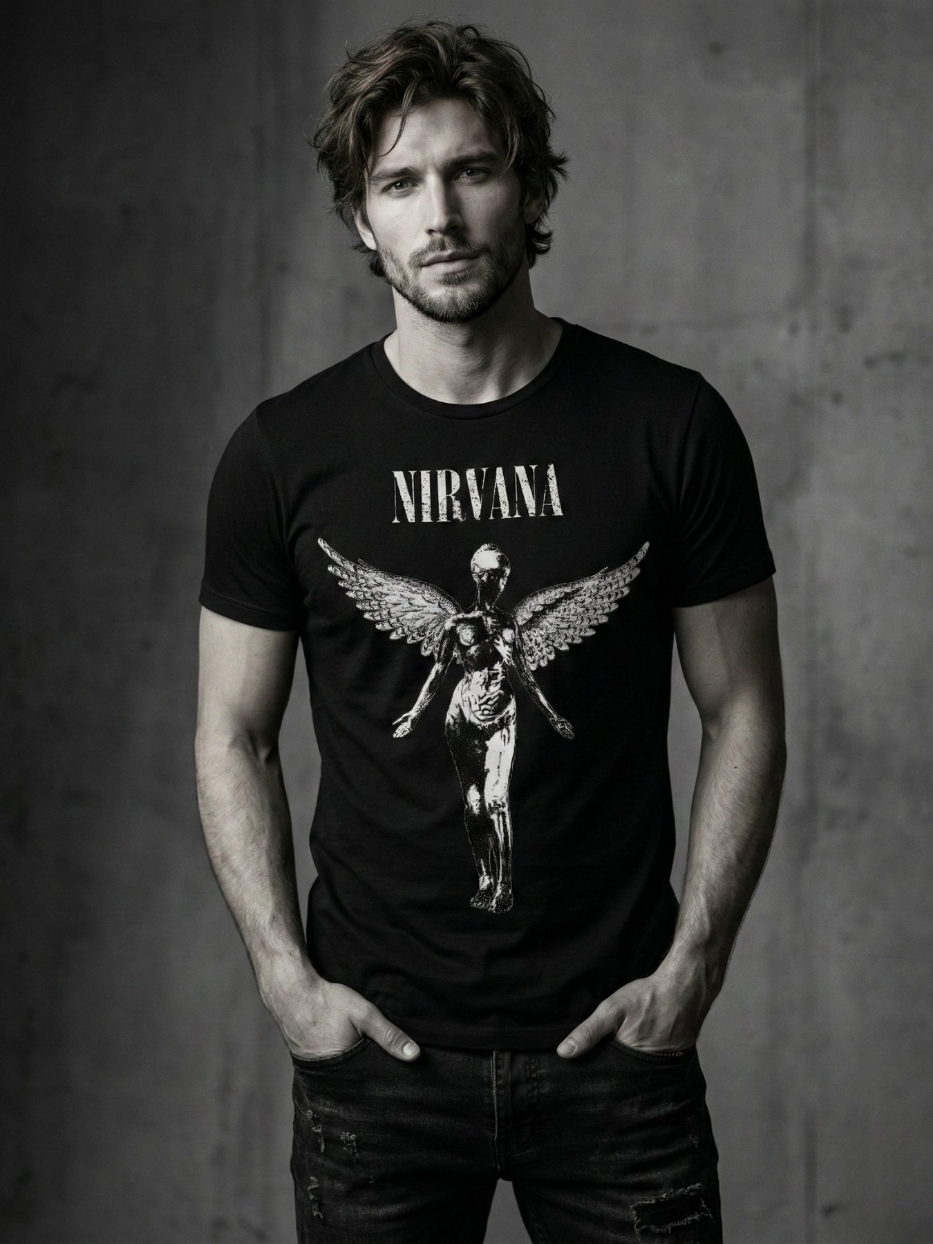 Nirvana In Utero Angel T-Shirt | Winged Figure Monochrome Graphic Tee | Kurt Cobain 90s Grunge Collector Band Shirt product image (1)
