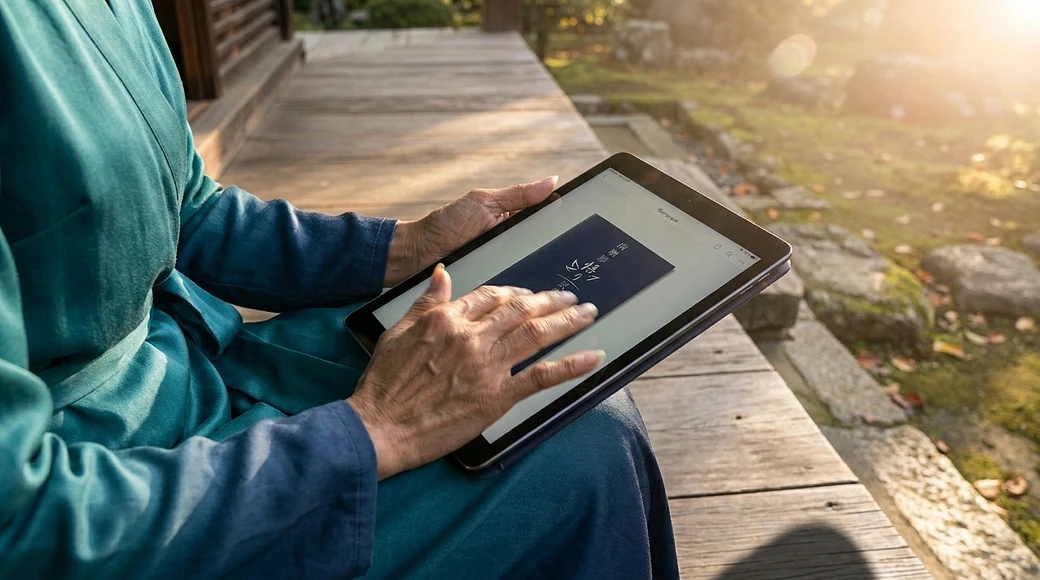 Ren swiping iPad temple veranda