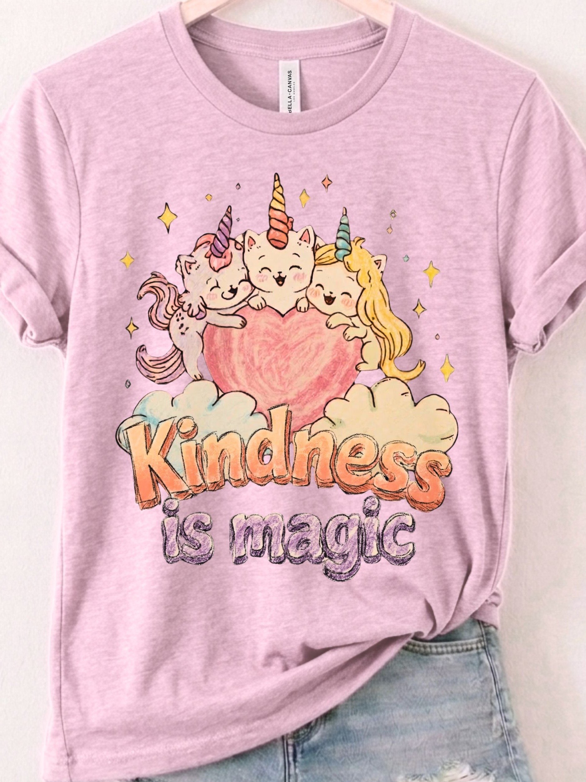 Kindness Is Magic Shirt, 80s-Inspired Cartoon Unicorn Cat Tee, Retro Pastel Rainbow Shirt product image (127)