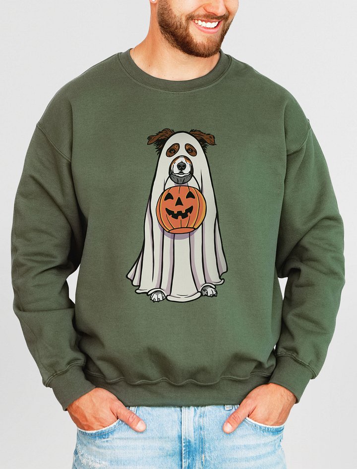 Funny Halloween Australian Shepherd(Red Tricolor) Sweatshirt | Funny Aussie Wearing a Ghost Costume and Holding a Pumpkin Basket product image (2)