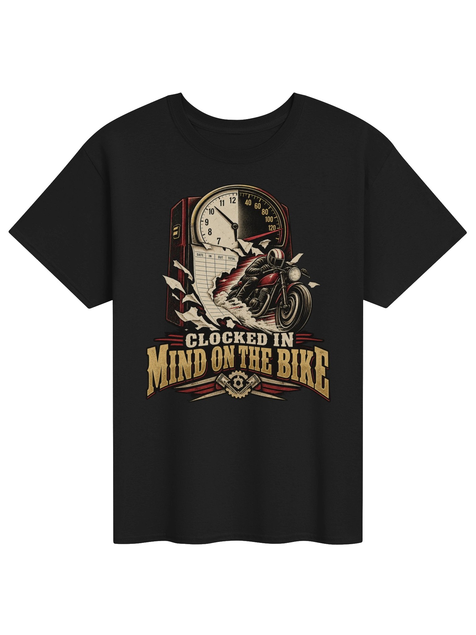 Clocked In, Mind on the Bike – Motorcycle T-Shirt product image (1)
