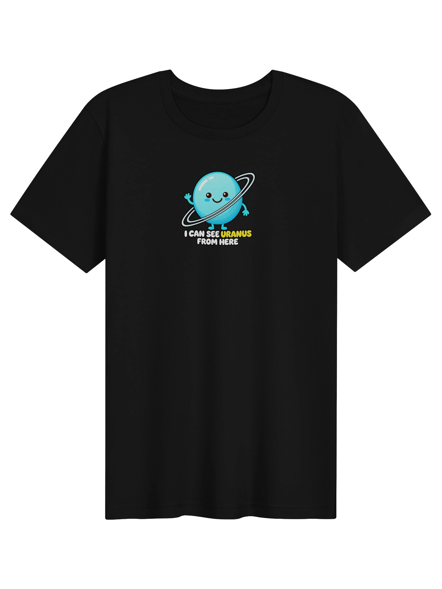Black T-shirt with the illustrated Uranus design and slogan