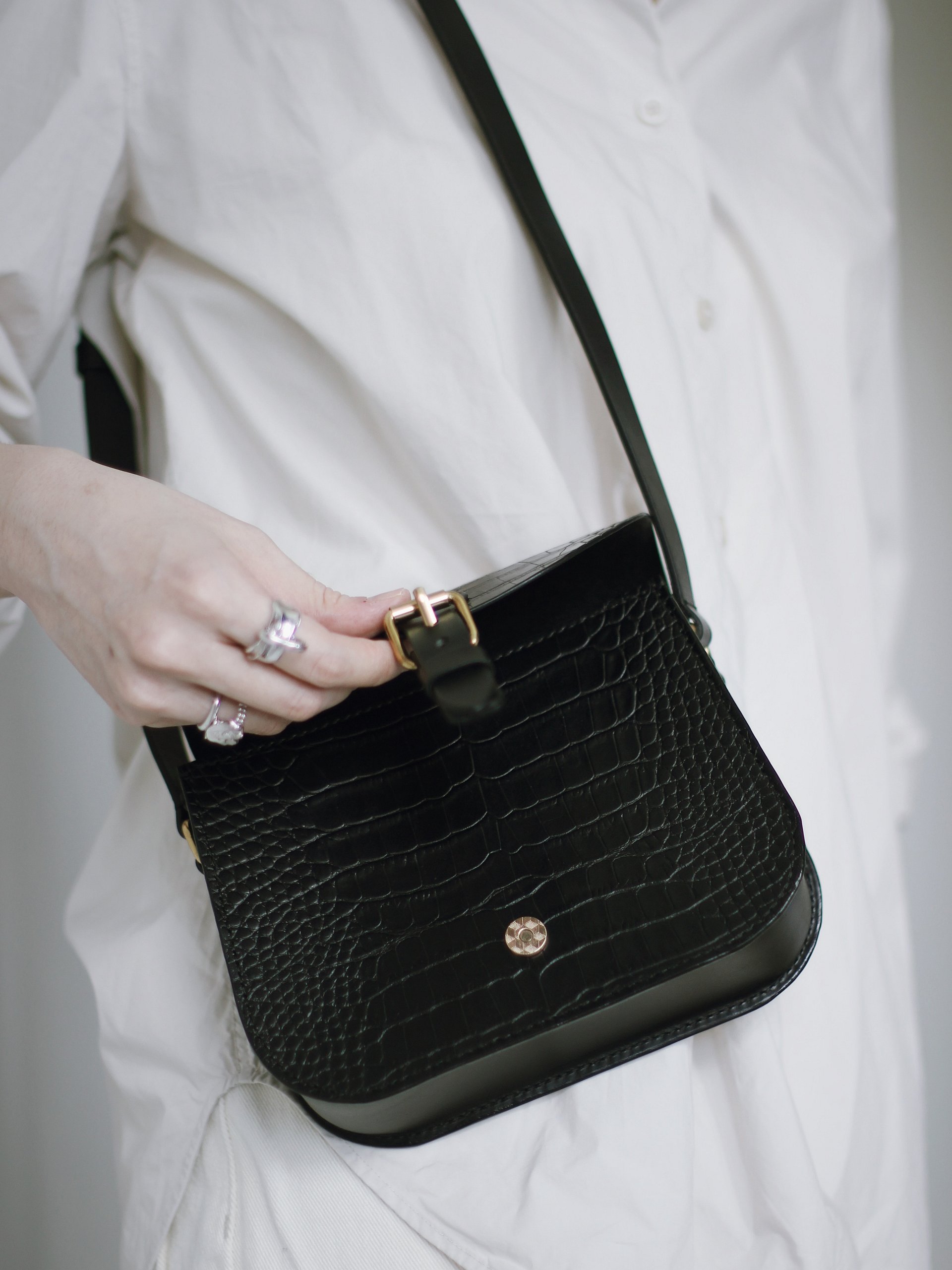 Black Croc Embossed Leather Saddle Bag – Small product image (11)