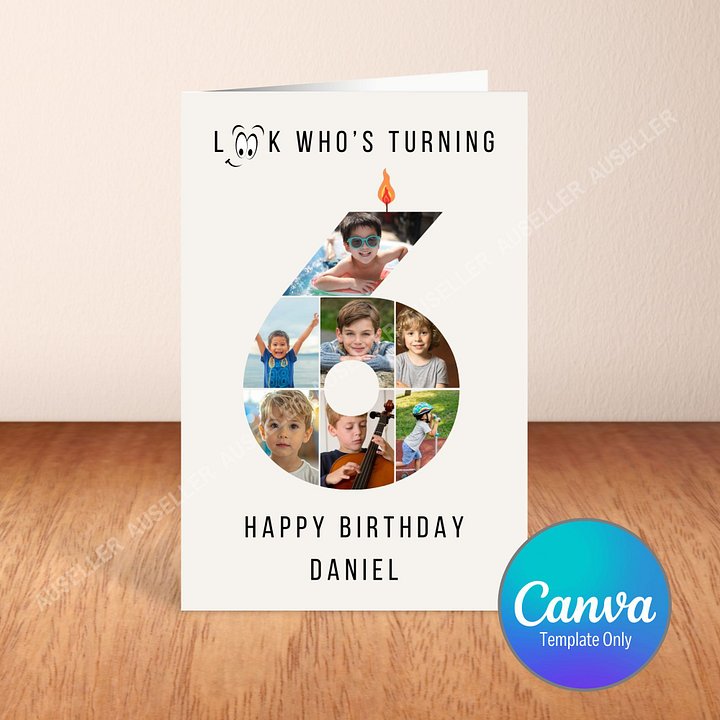 6th Birthday Number Photo Card Canva Template product image (1)