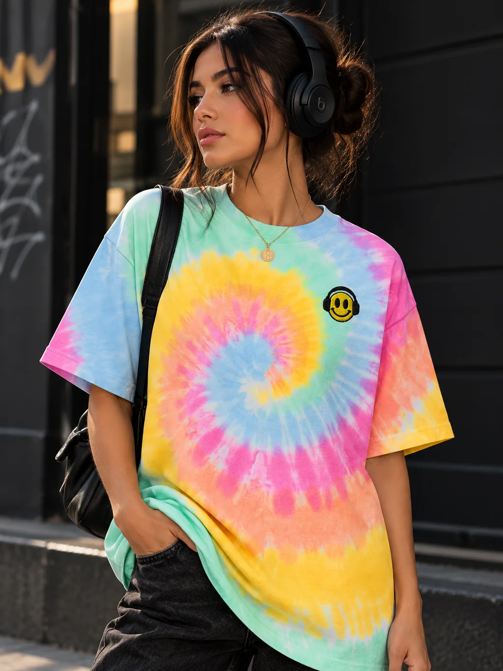 Embroidered Smiley Headphones Oversized Tie-Dye T-Shirt | Shaka Wear Heavyweight Tee product image (2)