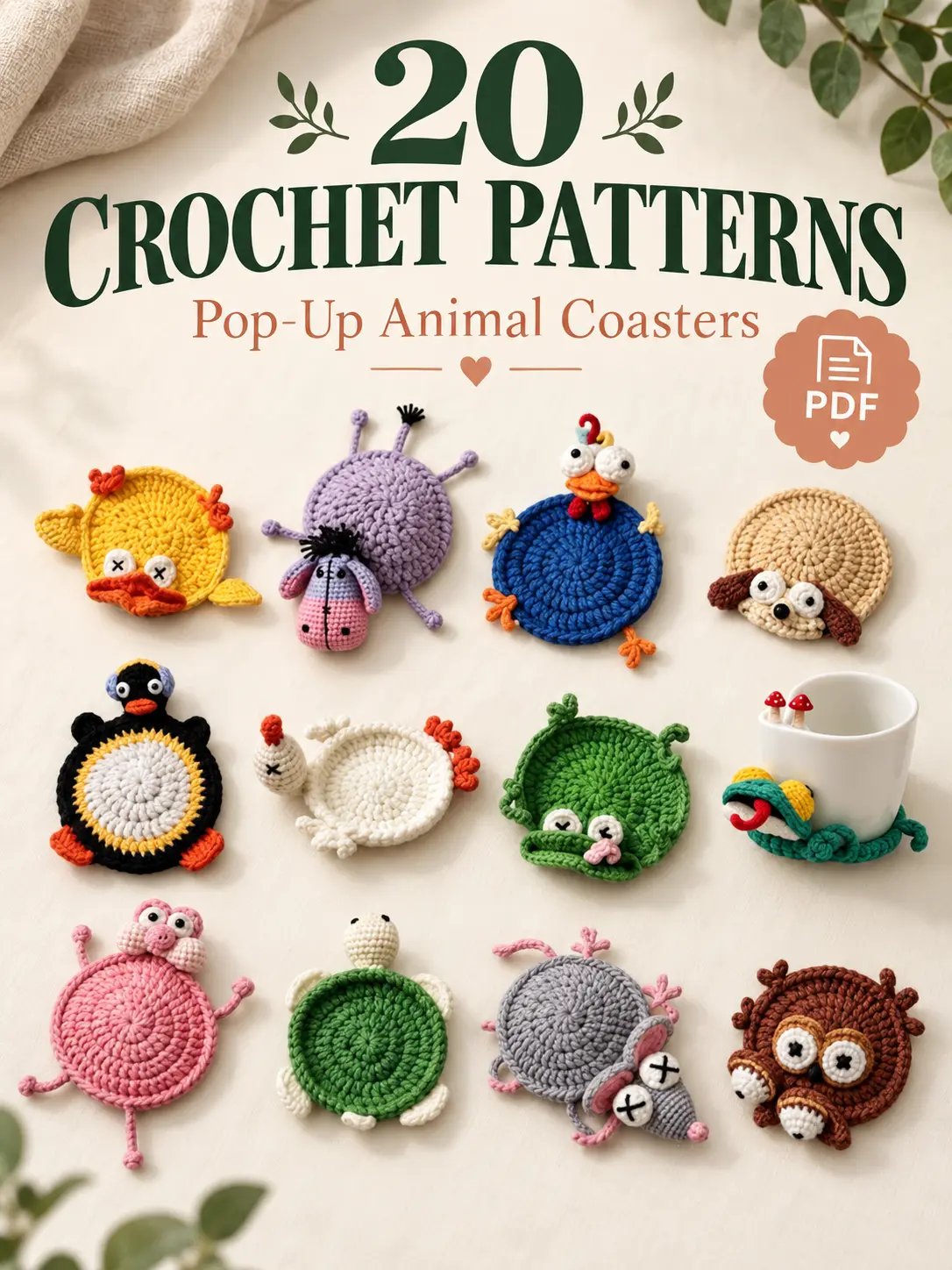 20 Pop-Up Animal Coasters Crochet PDF Bundle product image (1)