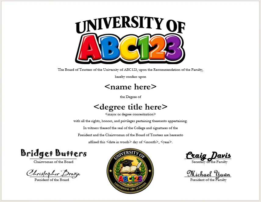 University of ABC123 degree parchment product image (1)