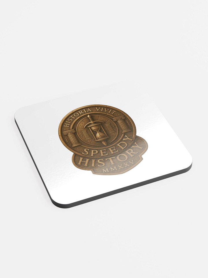 Speedy History™ “Historia Vivit” Glossed Cork Coaster (3.74" × 3.74") — White with Bronze Seal | High-Gloss Top | Absorbent Cork product image (2)
