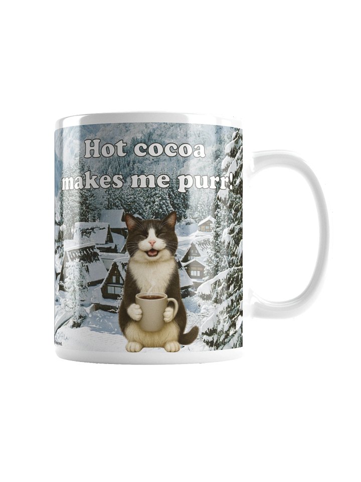 Funny mug: "Hot cocoa makes me purr!" with adorable cat image holding mug. product image (4)
