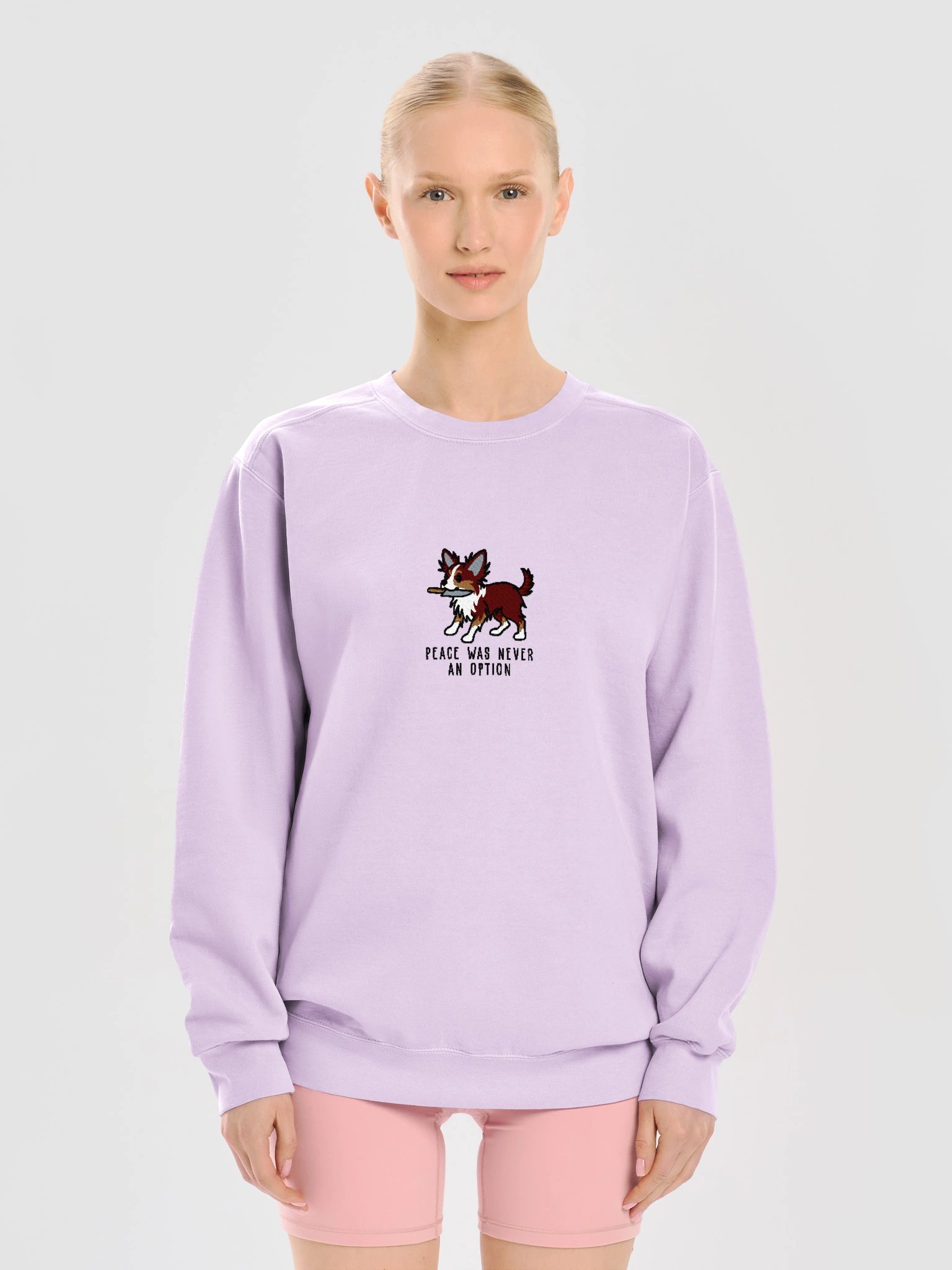Peace Was Never an Option Funny Chibi-Style Embroidered Premium Sweatshirt for Longhaired Chihuahua(Chocolate) Owners product image (37)