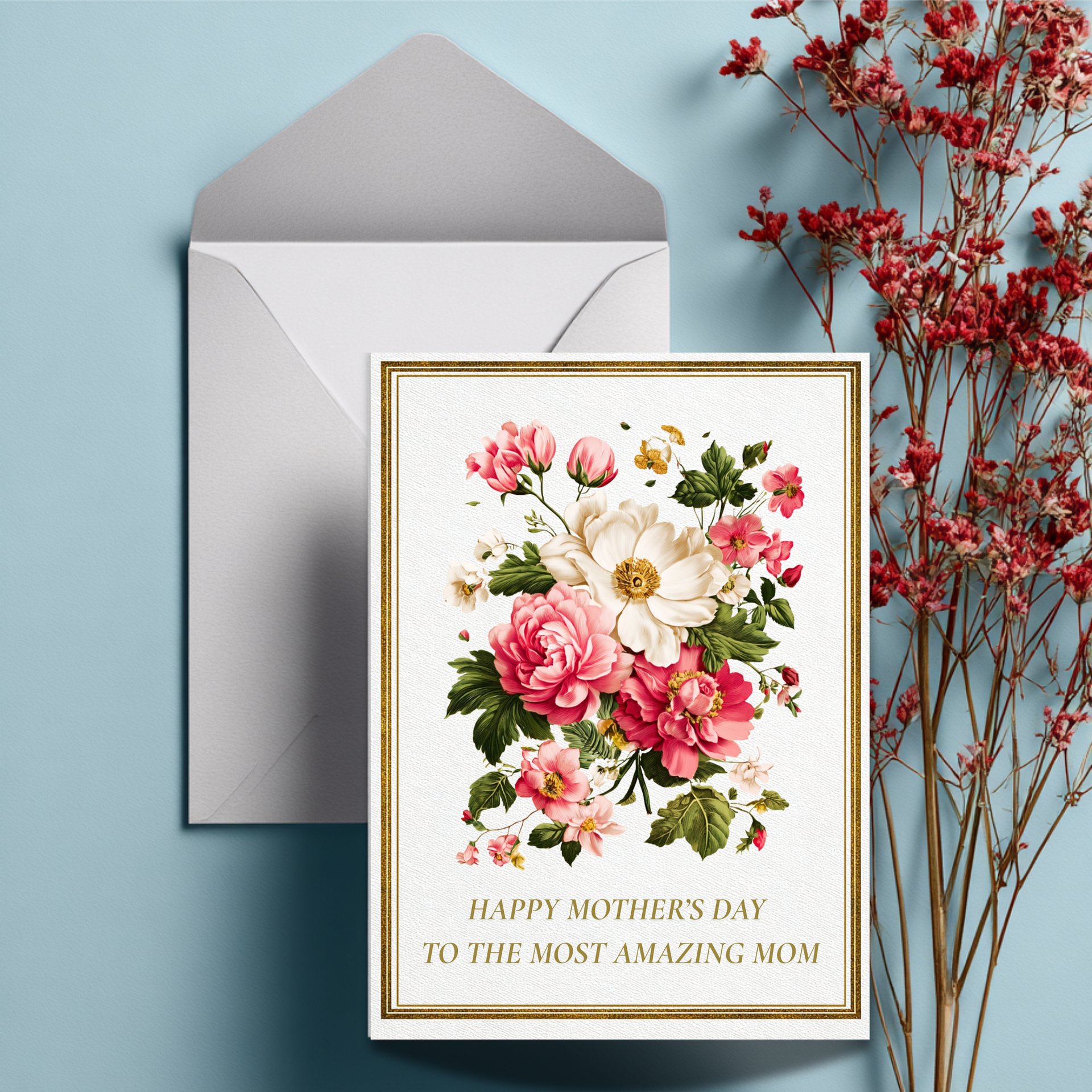 Floral Mother's Day Card, Elegant Gold Border (PDF Printable 5x7 Folded Card) product image (3)