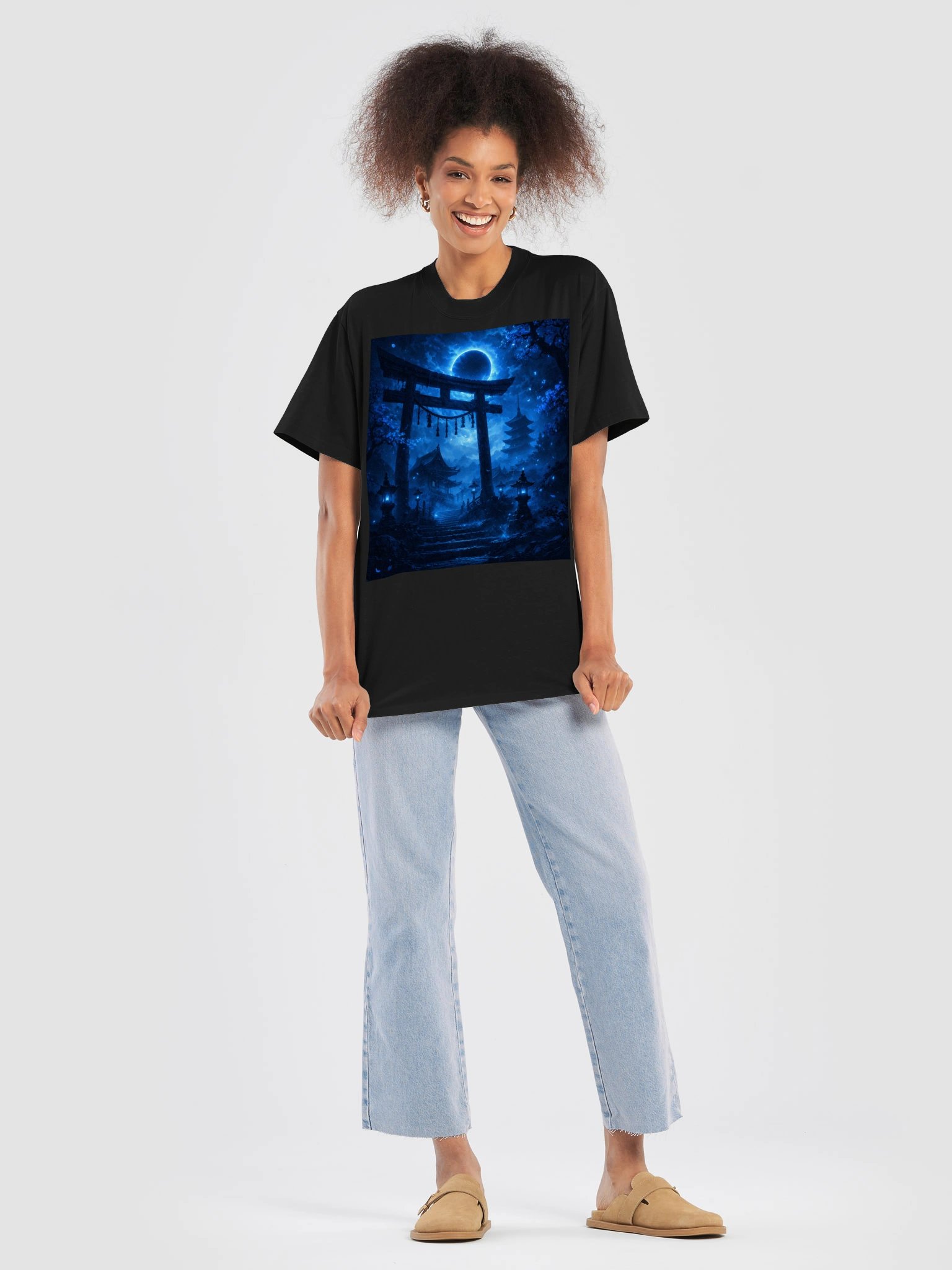 Mystical Japanese Moon Gate T-Shirt, Blue Night Temple Art, Celestial Fantasy Oversized Tee product image (6)