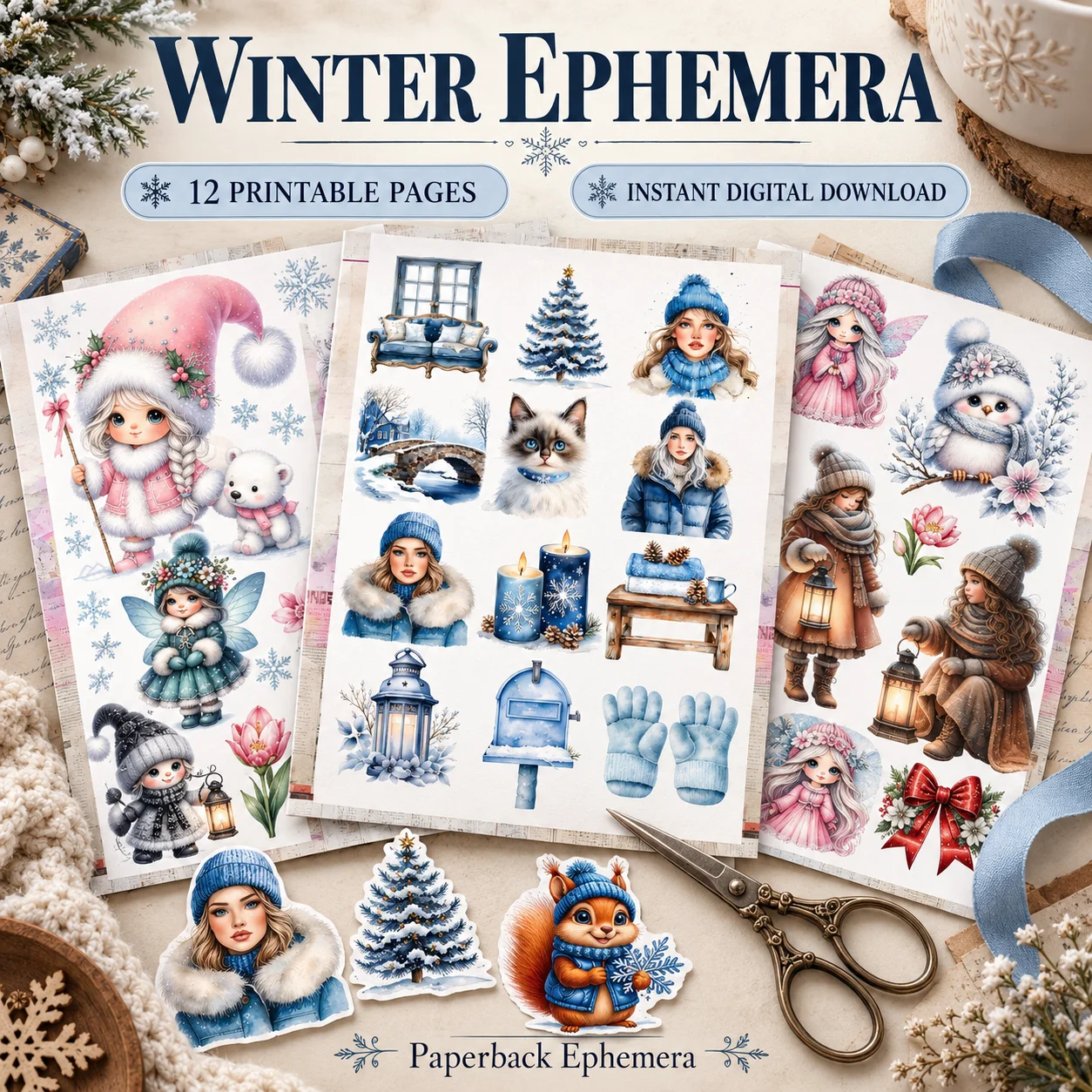 Winter Ephemera Printable PDF – 12 Whimsical Junk Journal Collage Pages product image (4)