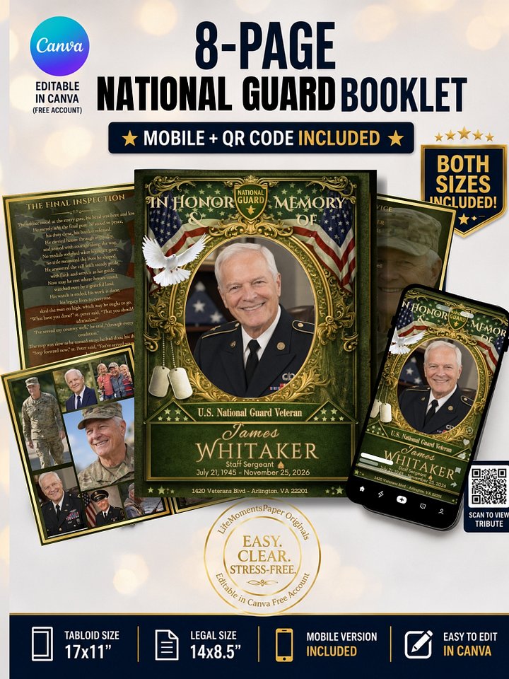 8-Page Army National Guard Funeral Program Template 17x11 & 14x8.5 with QR Code product image (1)