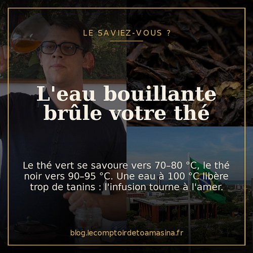 Le saviez-vous ? 🍵 L'eau bouillante brûle le thé. Le thé vert se savoure vers 70–80 °C, le thé noir vers 90–95 °C — au-delà, ...