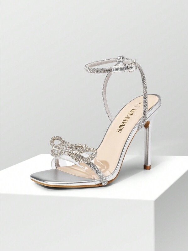 Women Bowknots Crystal Heeled Sandals Fashion Square Toe Rhinestone Decor Ankle Strap Heels product image (1)