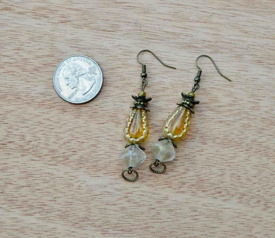 Antique Brass Bohemian Czech Glass Dangle Beaded Earrings With Earthtones product image (3)