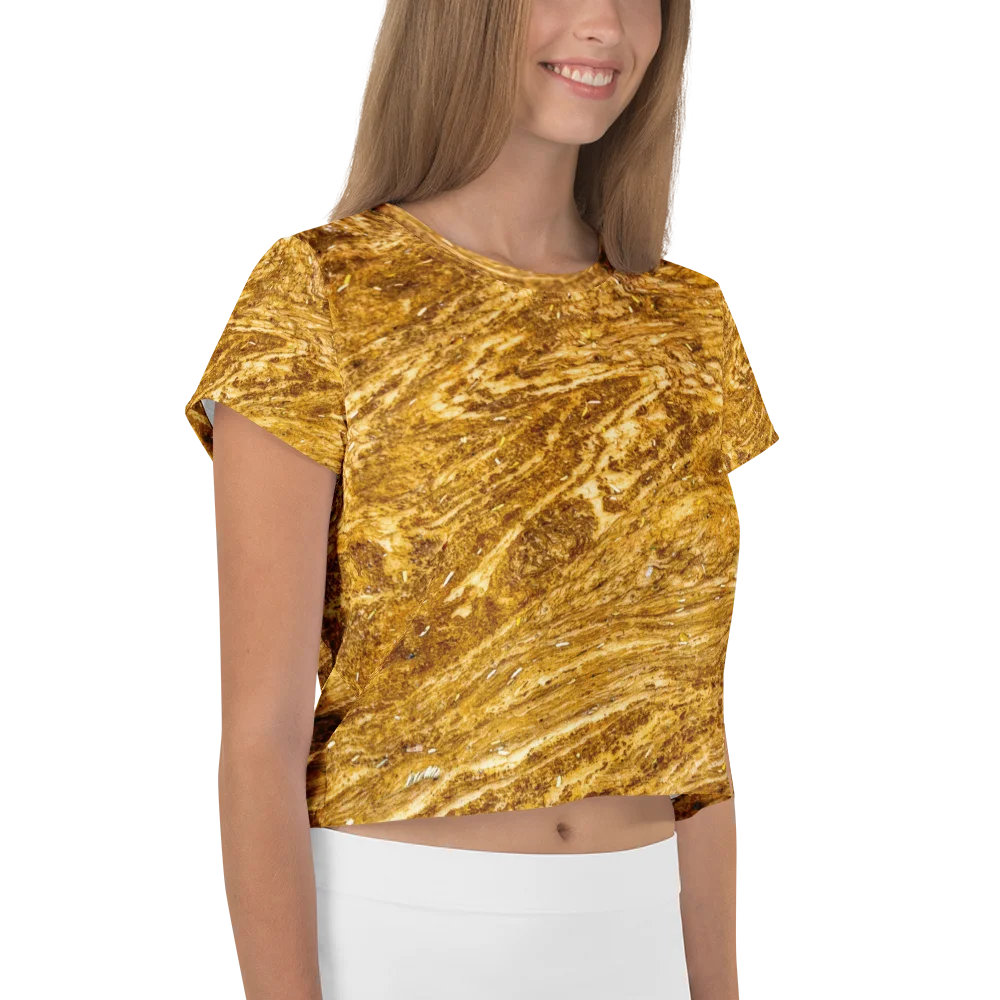 Golden Strata: Women’s Earthy Swirl Marble Pattern Crop Top | Full Print Golden Ochre Short Sleeve Crop Tee | Tiger Eye Boho Streetwear product image (4)