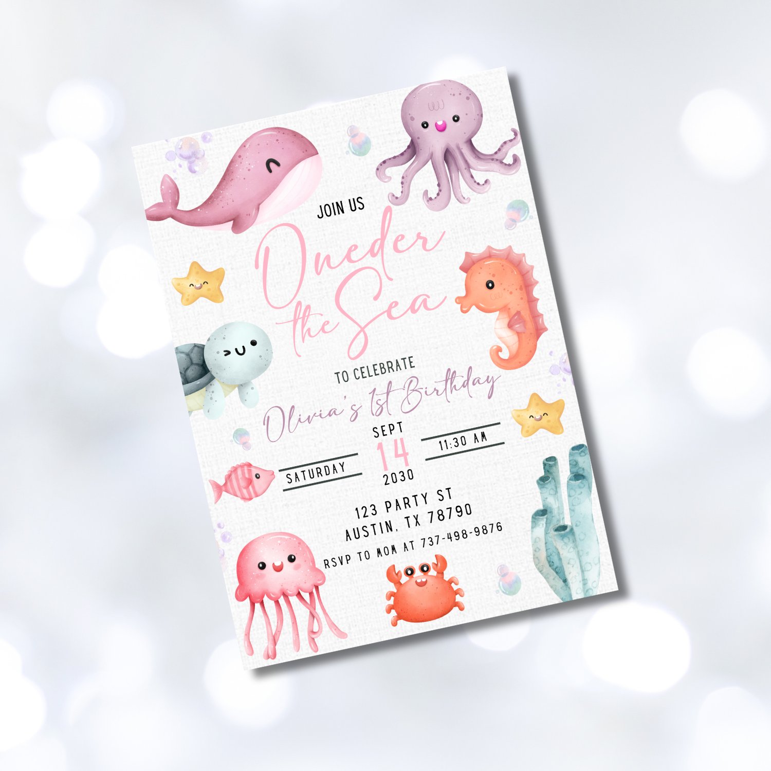Oneder the Sea Birthday Invitation | Girl 1st Birthday Party Under the Sea | Editable Canva Template | Ocean Mermaid Sea Animals Theme product image (9)