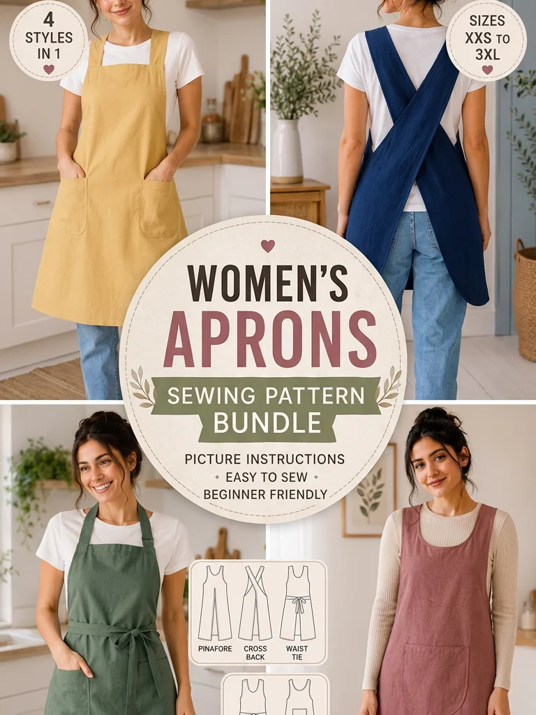 Women's Apron Sewing Pattern Bundle PDF | 4 Styles in 1 (Pinafore, Cross Back, & More) | Sizes XXS-3XL | Beginner Friendly product image (1)