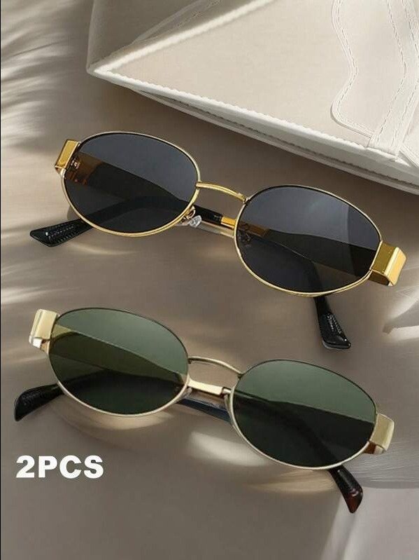 2 Pcs Oval-Shaped Metal Frame Vintage Fashion Glasses, Suitable For Men And Women For Everyday Use, Traveling, And Beach Wear In Summer product image (4)