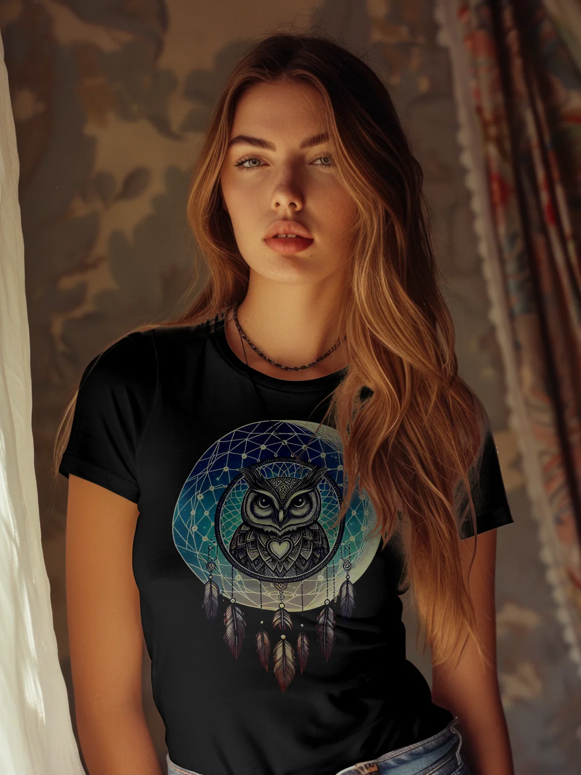 🌙 Lunar Owl Dreamcatcher T-Shirt – Mystical Moon & Feathers Design | Celestial Boho Spirit Animal Tee product image (3)
