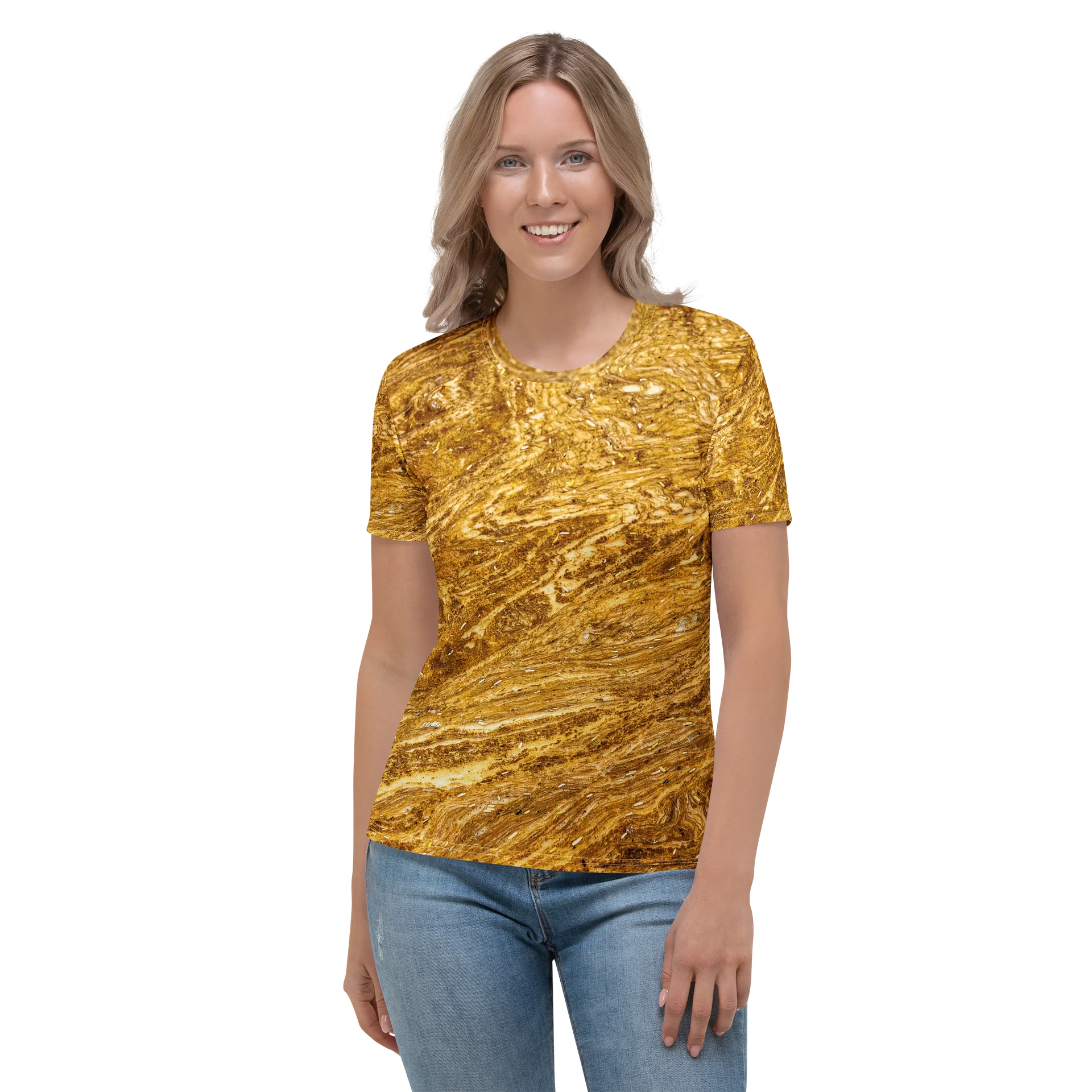 Golden Strata: Earthy Swirl Marble Pattern Women’s Tee | Full Print Golden Ochre Short Sleeve Shirt | Tiger Eye Boho Casual Top product image (2)