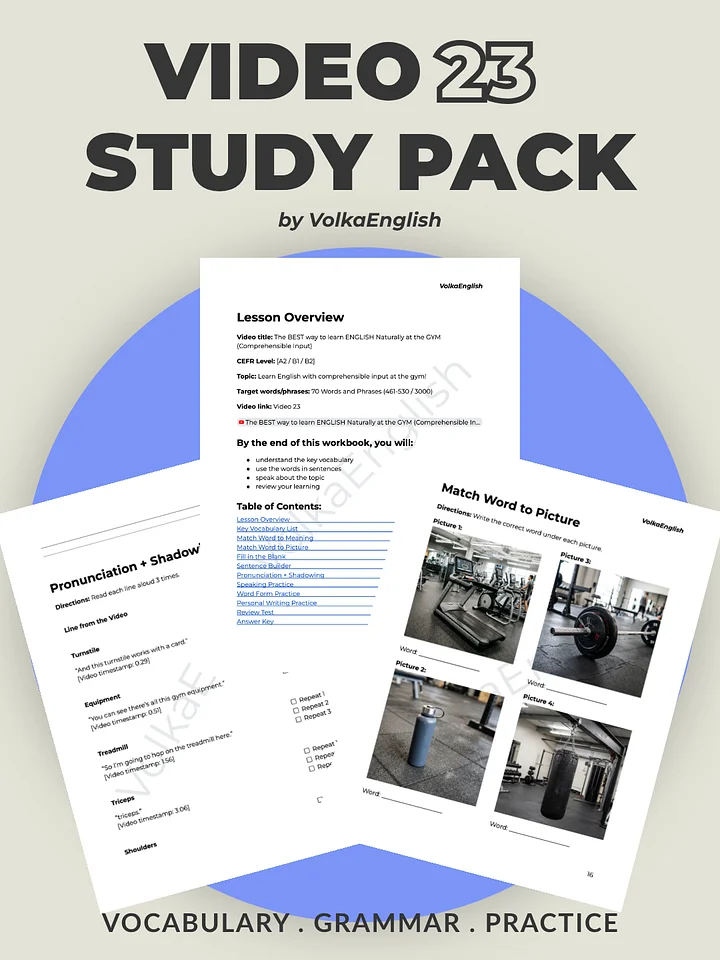 The BEST way to learn ENGLISH Naturally at the GYM (Comprehensible Input) - Video 23 Study Pack product image (1)