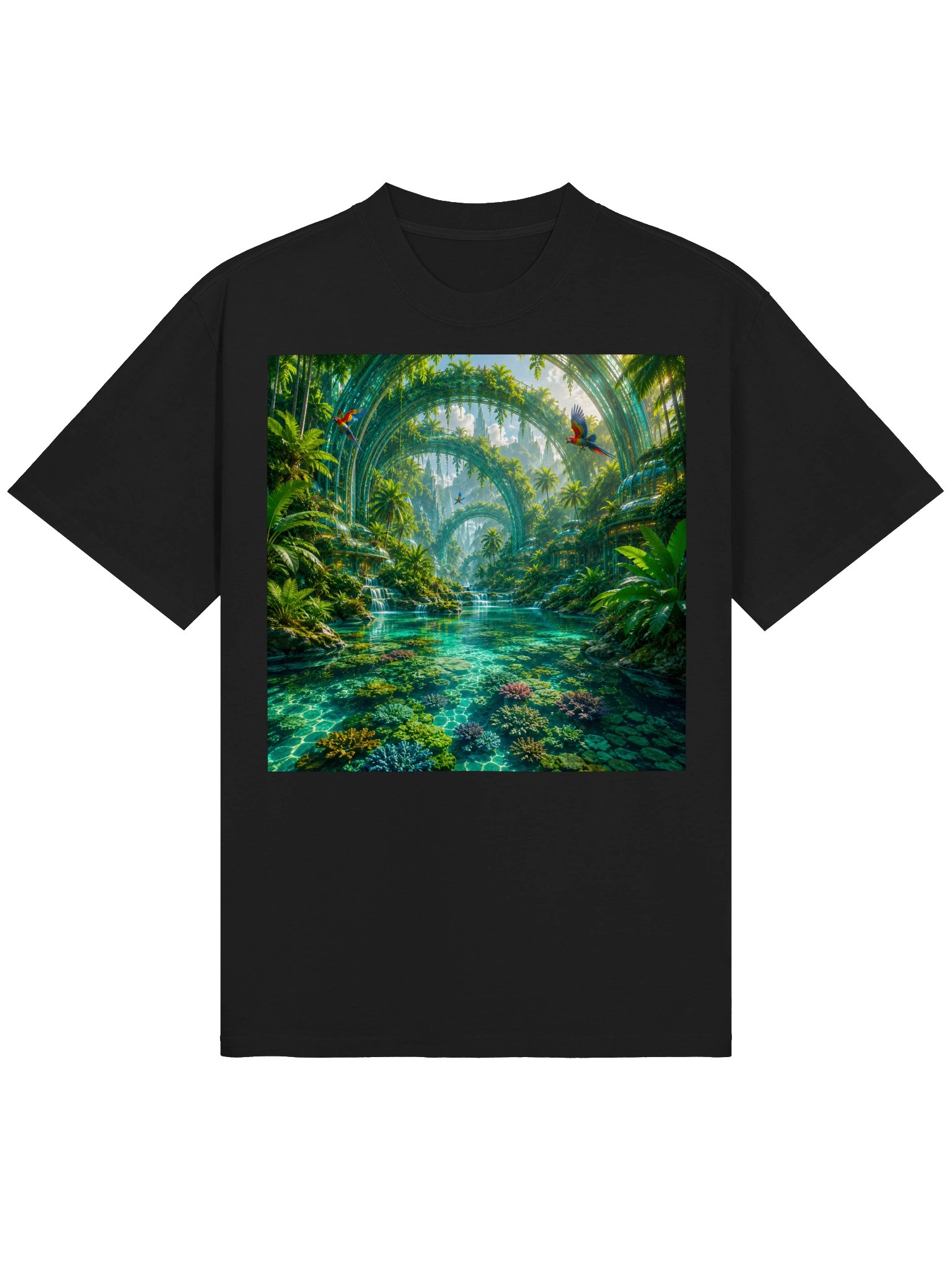 Futuristic Tropical Utopia T-Shirt | Turquoise Lagoon & Coral City Graphic Tee | Unisex Oversized product image (2)