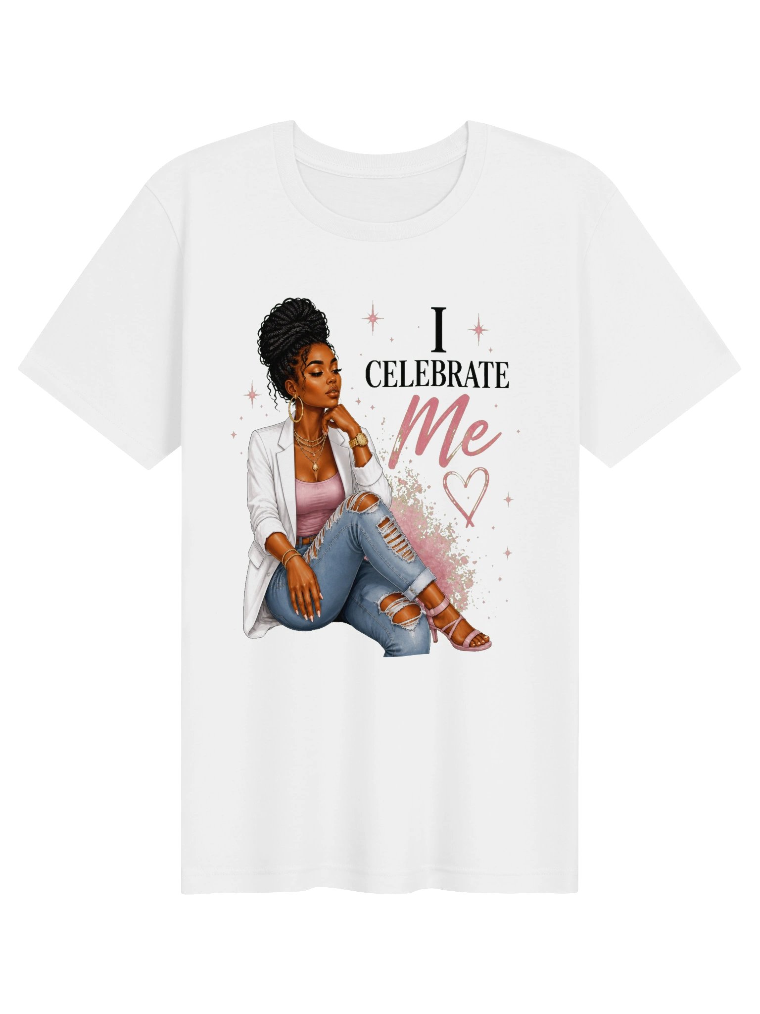 ADLEST Women's Self Love Motivational T-Shirt, I Celebrate Me Black Queen Cartoon Lady Pink Splash Heart Star Positive Quote Casual Loose Fit Top product image (101)