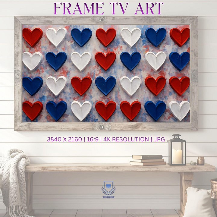 Patriotic Hearts Frame TV Art Large Heart Design, Red White & Blue Oil Painting Digital Download product image (1)