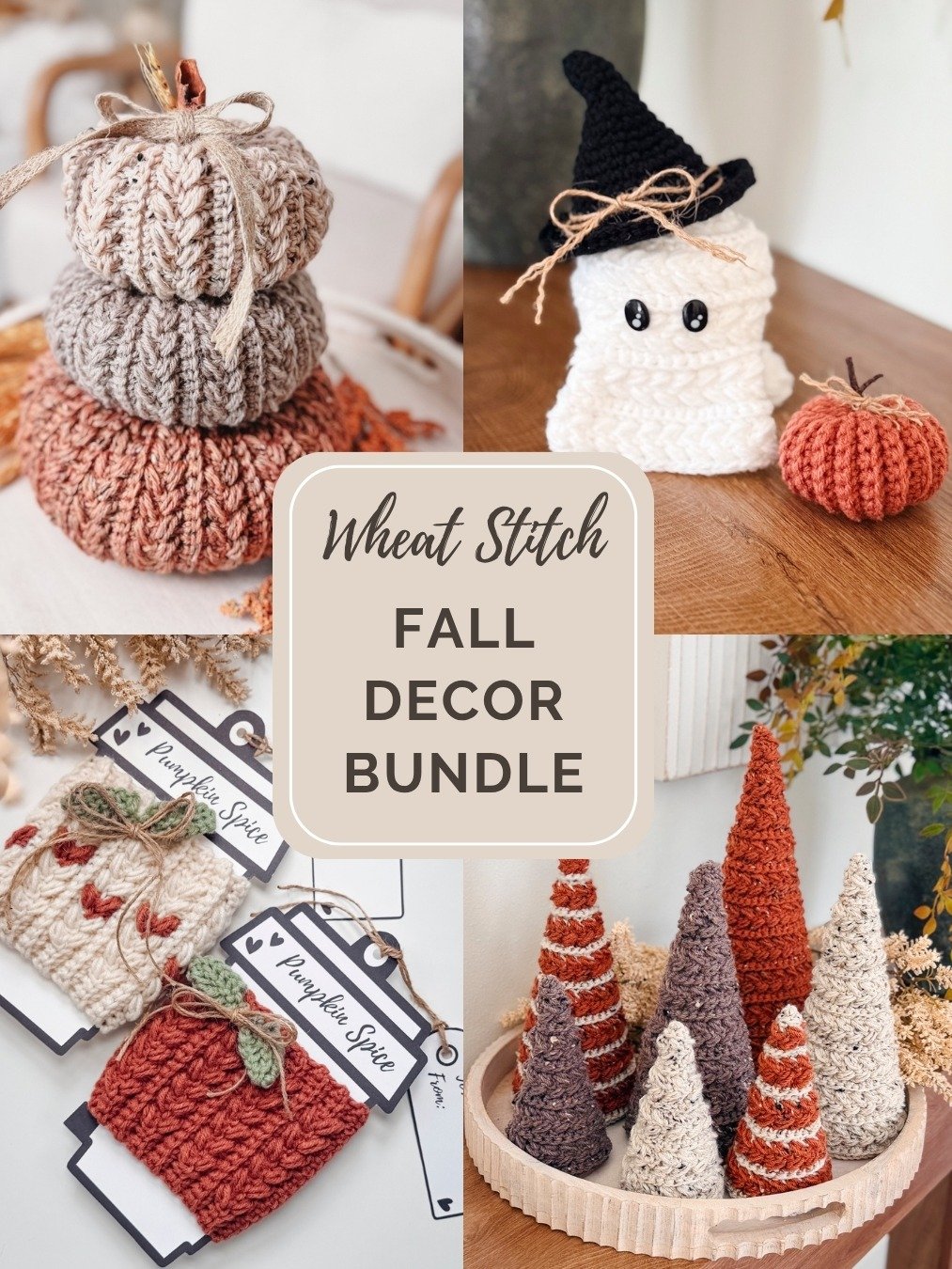 Wheat Stitch Fall Decor Crochet Bundle — Pumpkin, Tree, Ghost & Coffee Cup Cozy product image (1)