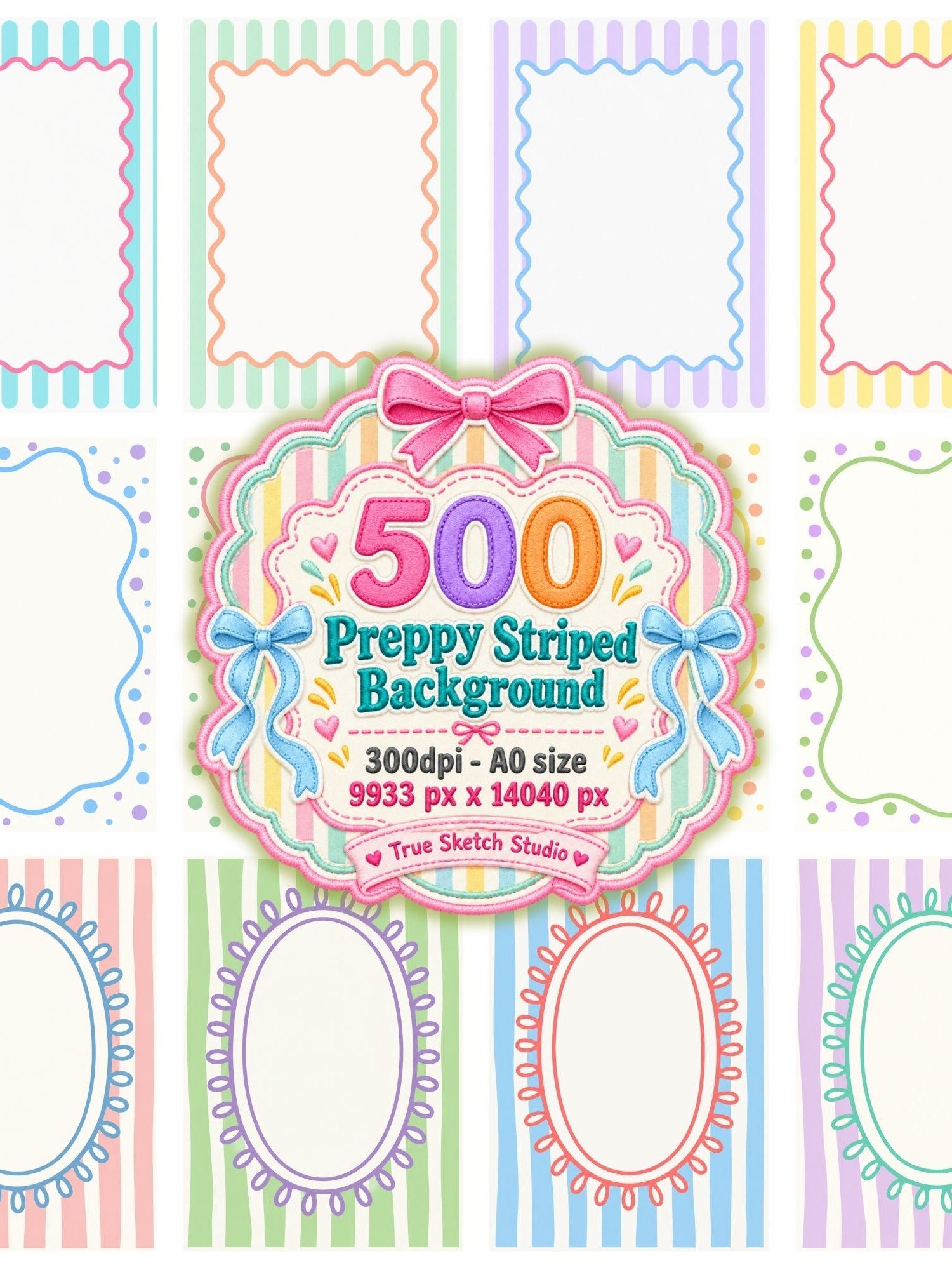 500 Preppy Striped Digital Paper Bundle, Pastel Coquette Bow Backgrounds, Scalloped Frames, Printable Stationery, Scrapbook Pages, A0 300DPI product image (6)