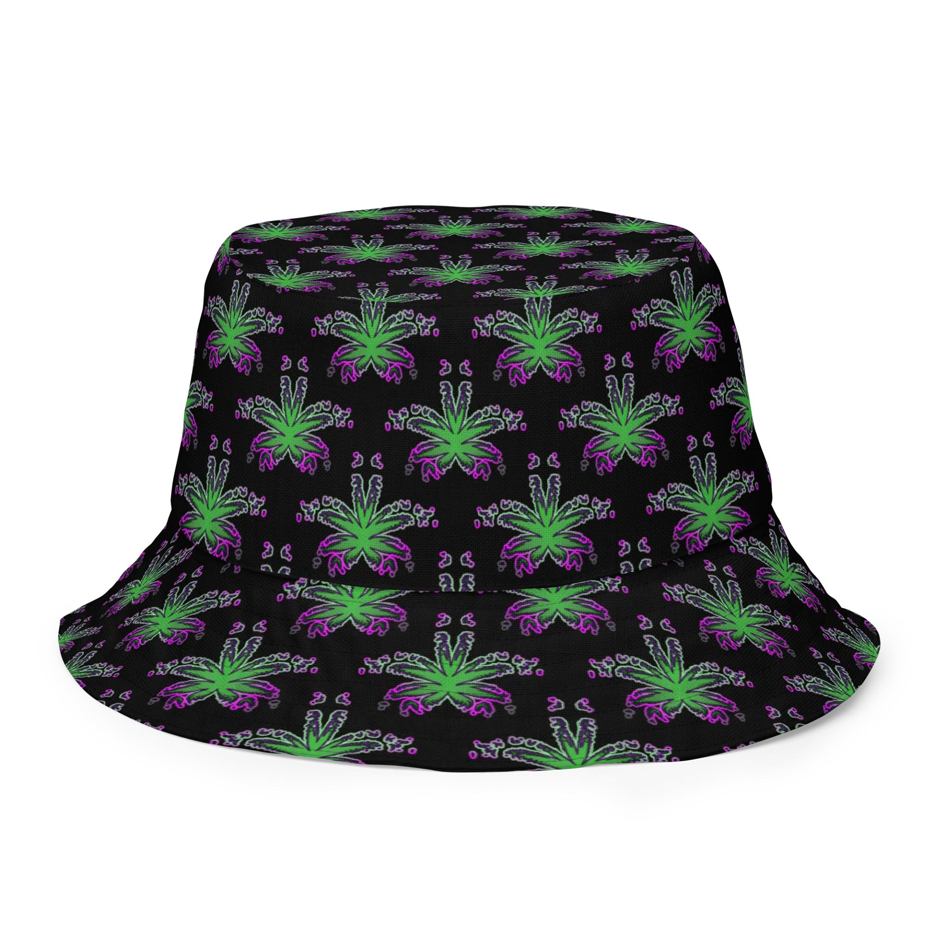 Twisted Weed Leaf Pattern Bucket Hat, Summer Stoner Style Accessory, Green Purple Black Cannabis Fashion product image (2)