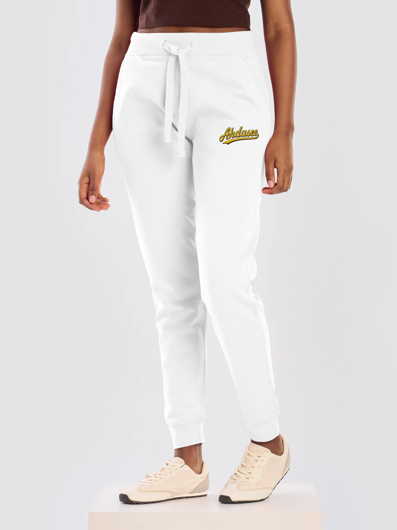 Ahdasee Signature Embroidered Joggers – White (Gold/Black) product image (6)