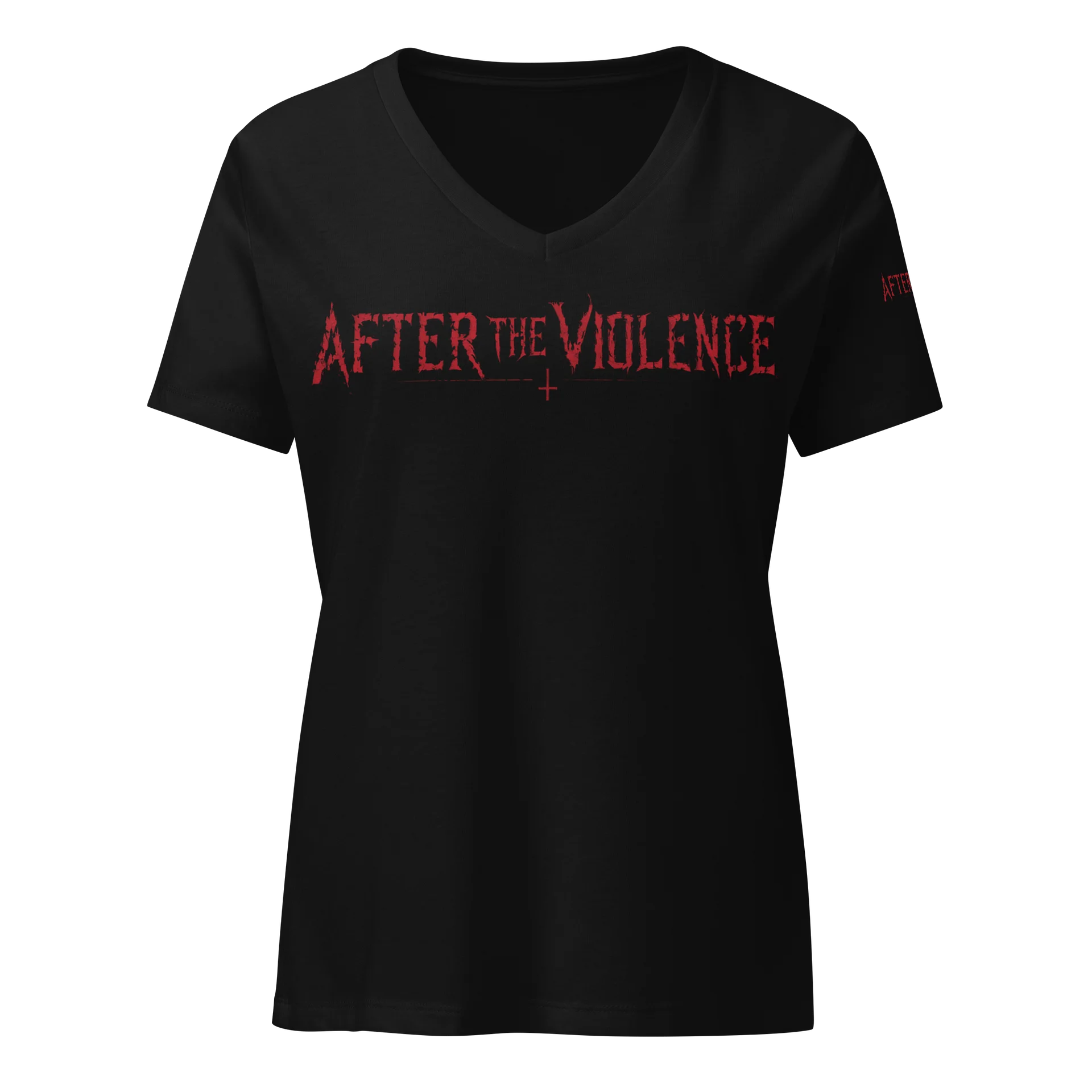 Black After The Violence women’s V-neck T-shirt with distressed red band logo