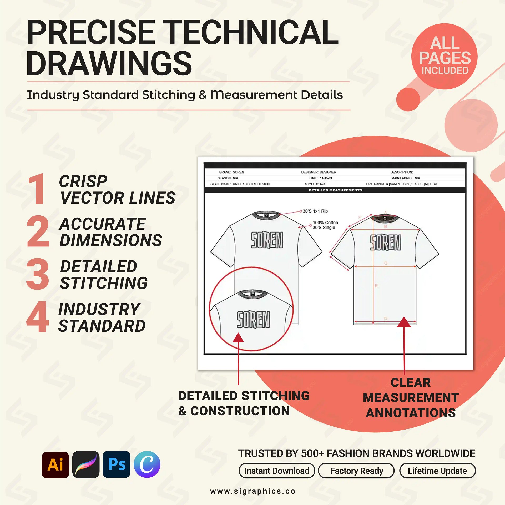Crew Neck T-shirt Clothing Tech Pack Template product image (5)