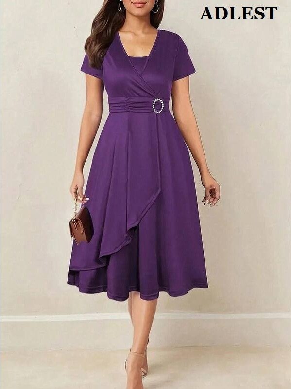 ADLEST Elegant Ruched V-Neck Black Mini Dress - Boho Style Short Sleeve Fitted Party Wear product image (1)