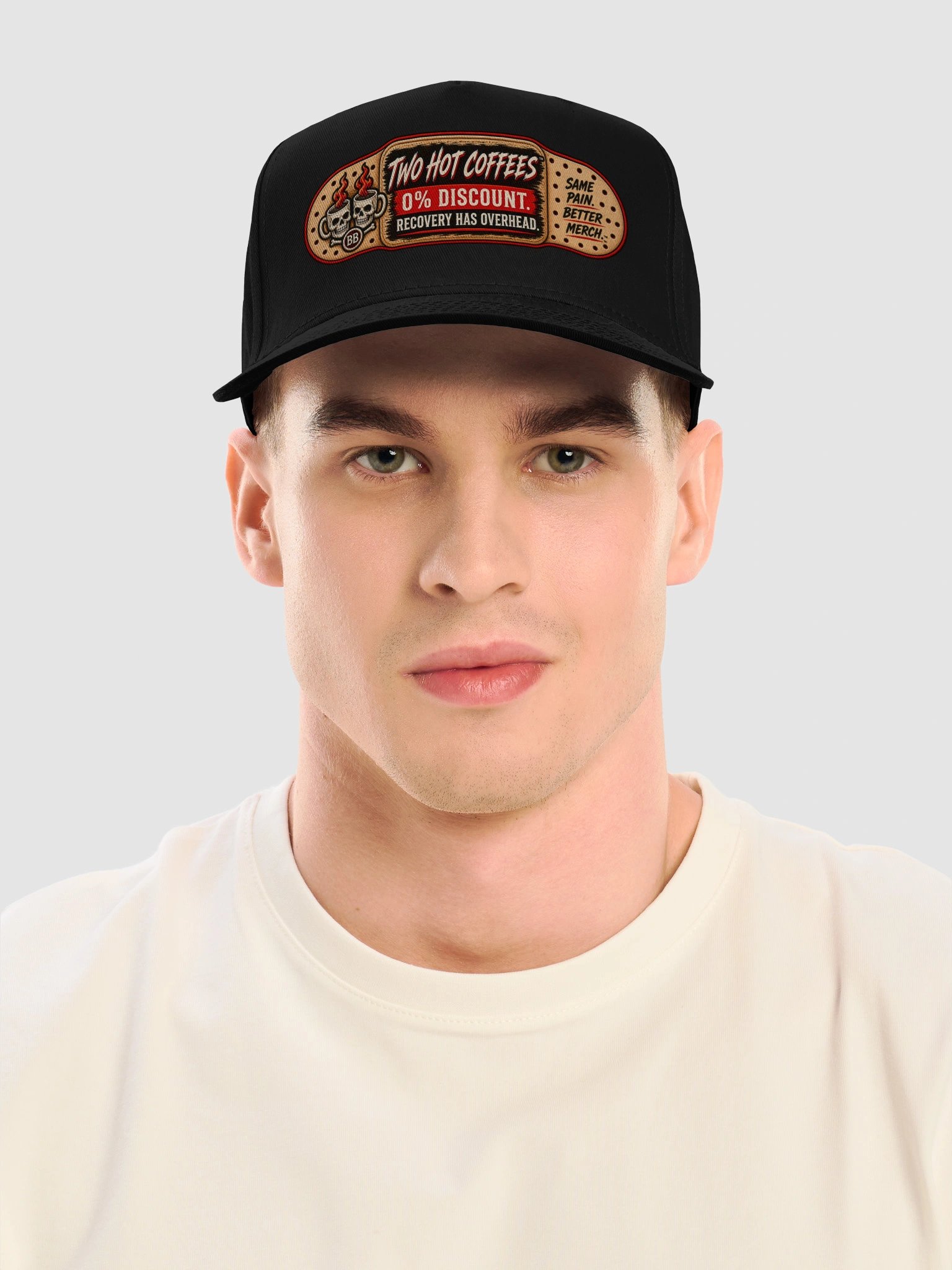 TWO HOT COFFEES™ — 0% DISCOUNT. RECOVERY HAS OVERHEAD. — BASEBALL CAP product image (2)